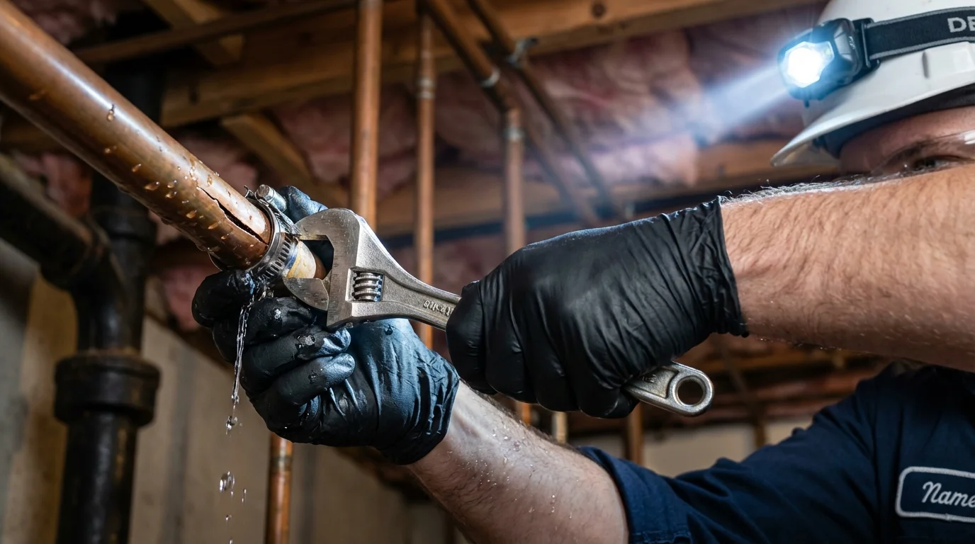 Emergency pipe clamp repair being performed by a Johns Plumbing LLC plumber in Grantsville