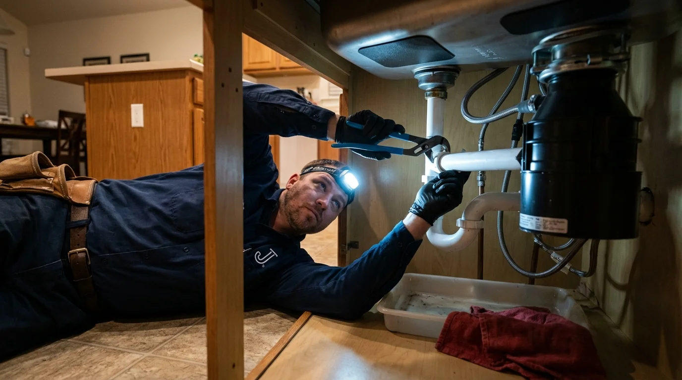P-trap and supply line connections under a kitchen sink showing a common leak point in Grantsville, WV